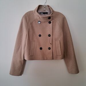 Zara Women's Camel Double-Breasted Pea Coat